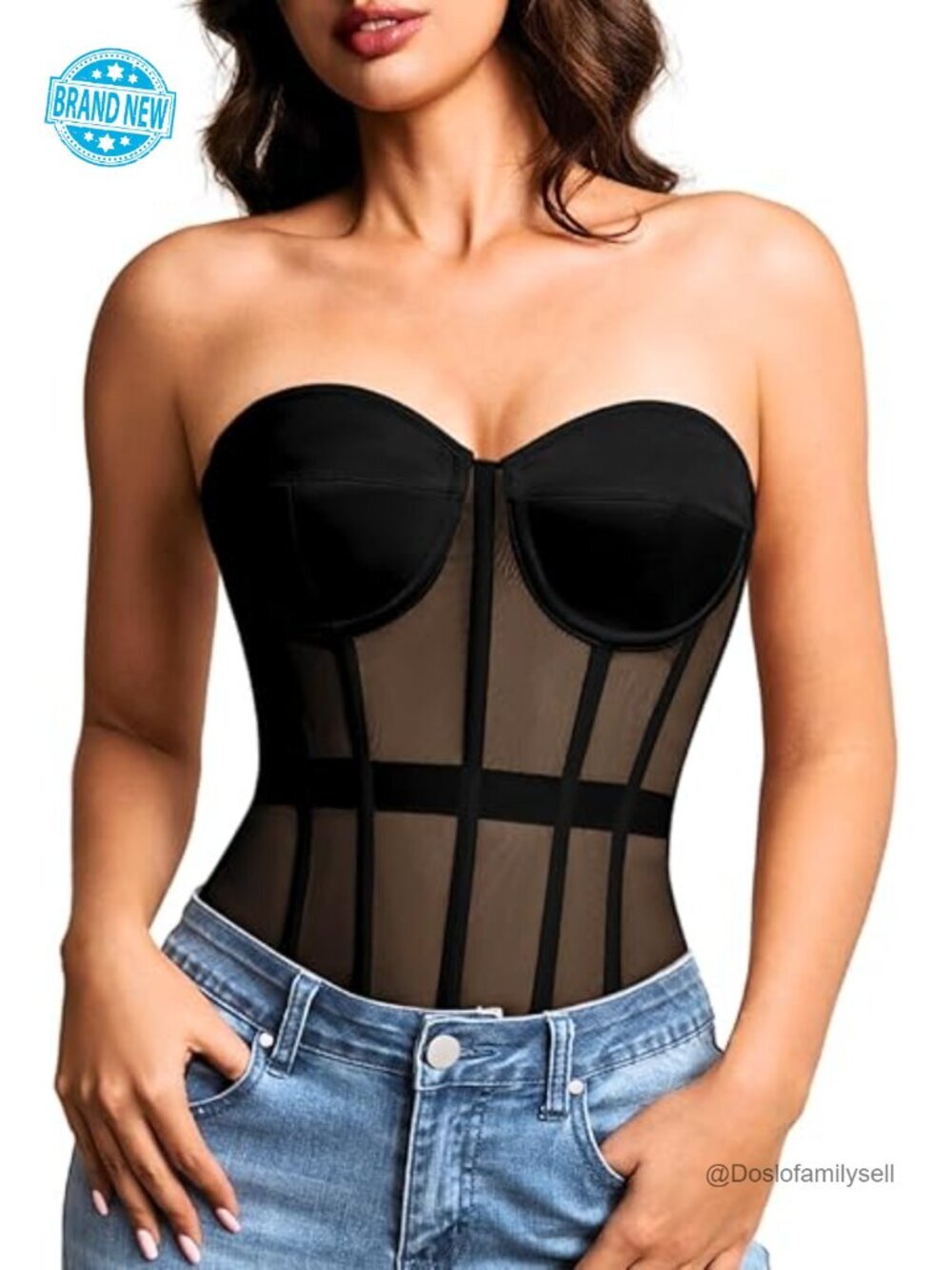 Sheer Mesh Overbust Corset, Strapless Satin Shapewear Top